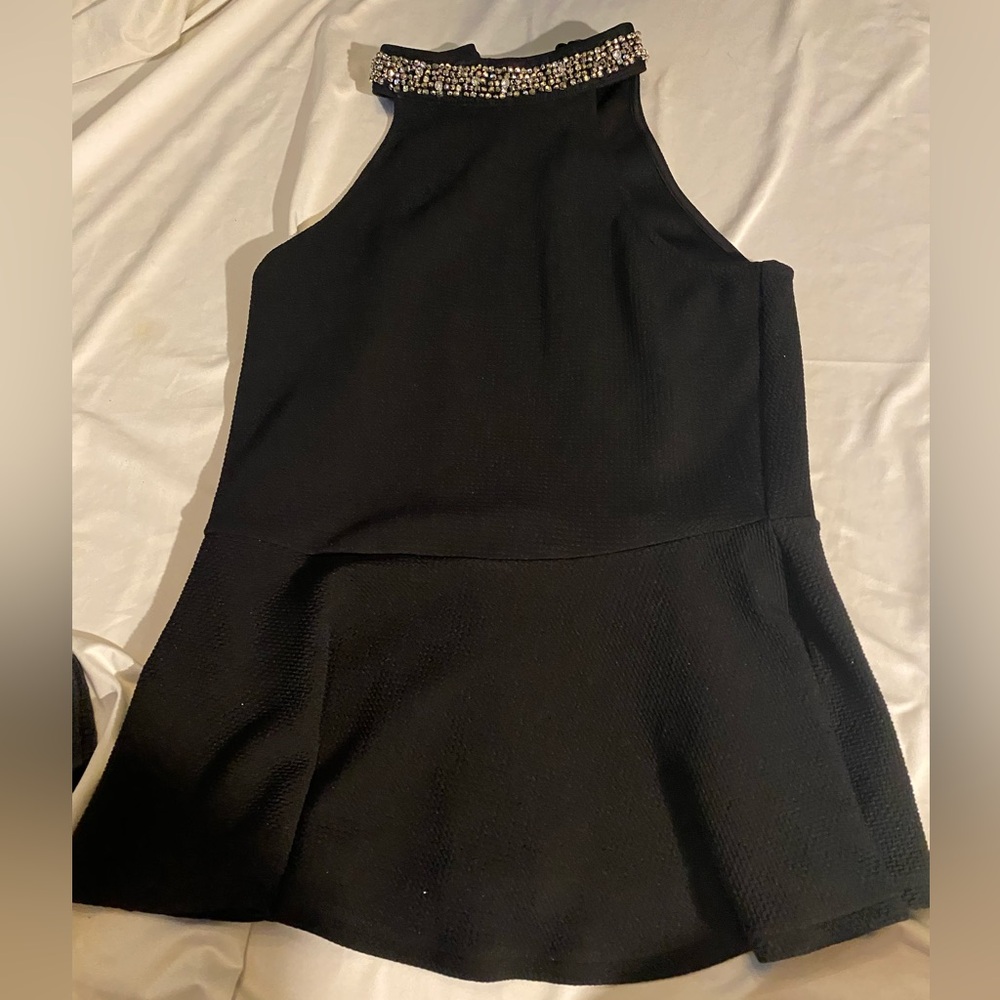 Sleeveless Black Peplum Top with Rhinestone Collar Socialite, Medium